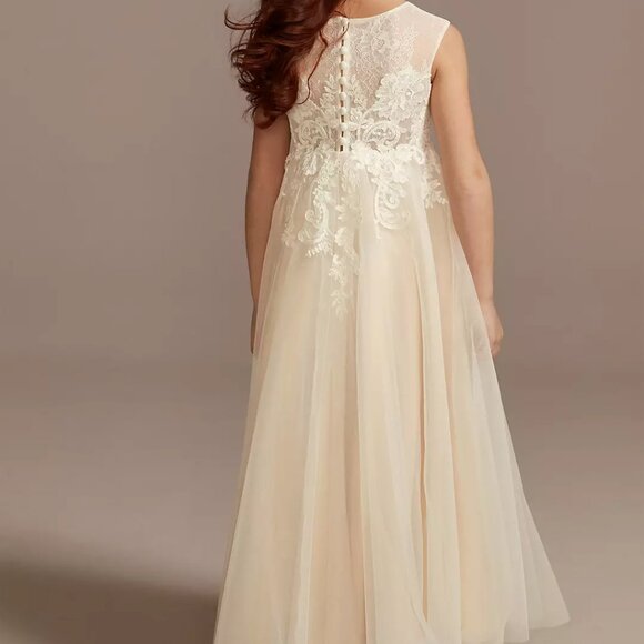 David's Bridal Lace Illusion & Tulle Flower Girl Dress WG1411 Ivory/Champagne 6 - Picture 3 of 10